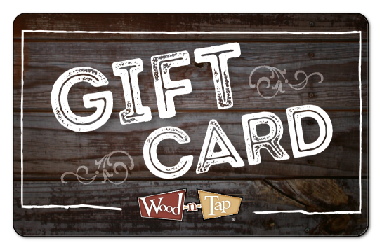 wood n tap logo with gift card text on a wood grain background